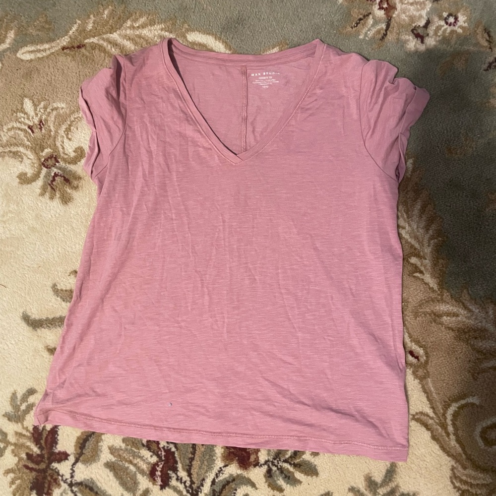 Max Studio Pink V-Neck Fitted Cap Sleeve Tee